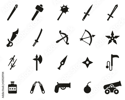 Old Weapons Or Ancient Weapons Icons Black & White Set Big