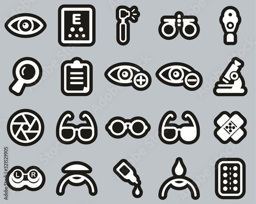 Optometry Exam & Optometry Equipment Icons White On Black Sticker Set Big