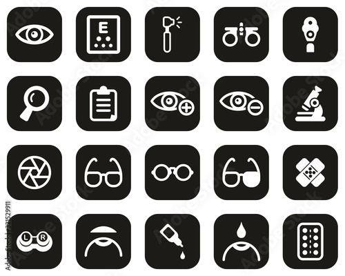 Optometry Exam & Optometry Equipment Icons White On Black Flat Design Set Big