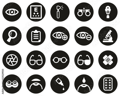 Optometry Exam & Optometry Equipment Icons White On Black Flat Design Circle Set Big