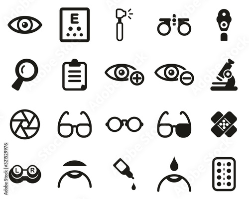 Optometry Exam & Optometry Equipment Icons Black & White Set Big