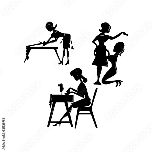 workshop set of silhouettes of icons of women tailors for sewing