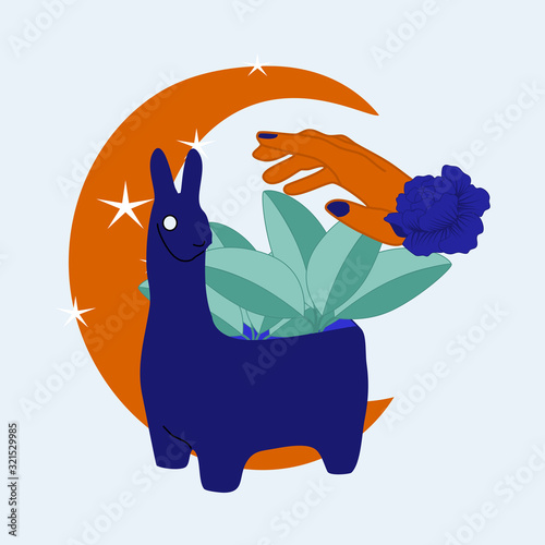 orange moon and hand and indoor plants in animal pot, vector illustration