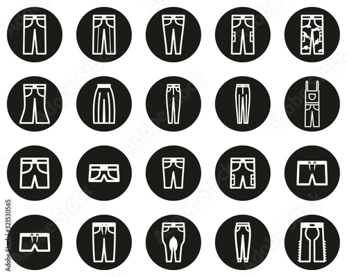 Pants Long & Short Icons White On Black Flat Design Circle Set Big