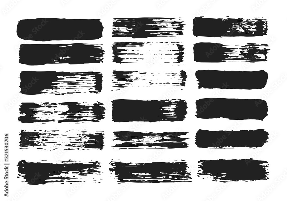 Black brush strokes. Grunge paint stripes. Distressed japanese banner. Vector isolated paintbrush set. Chinese rough box shape lines. Torn border.