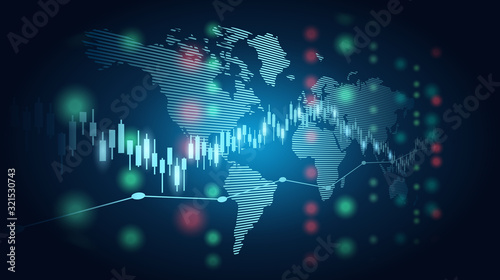 Abstract financial chart with candle stick graph and world map in stock market on blue color background