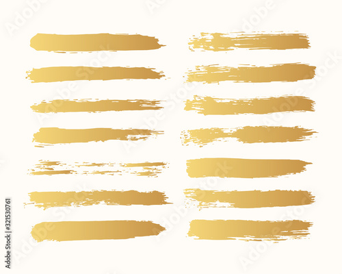 Vector golden paintbrush dividers. Paint gold ink stripes. Distressed banner. Black isolated brush torn border set. Chinese rough box shapes.