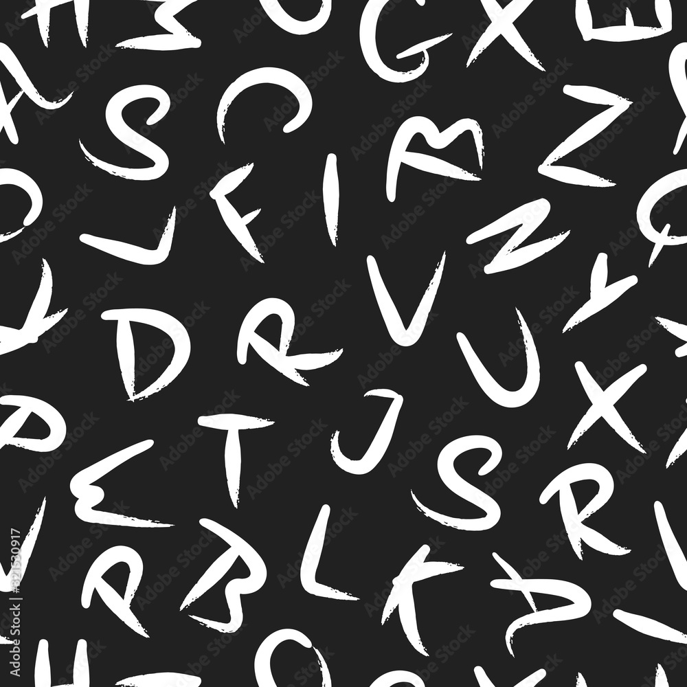 Brush stroke letters texture. Ink paint alphabet seamless pattern. Distressed japanese lettering backdrop. Vector isolated paintbrush text background.