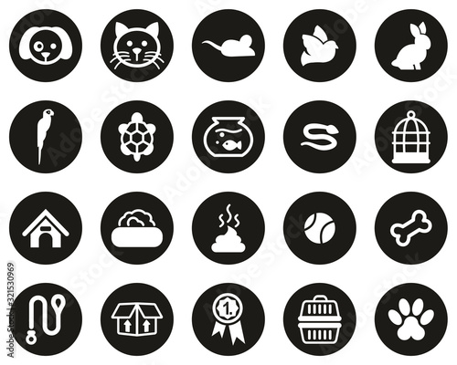 Pets & Pet Accessories Icons White On Black Flat Design Circle Set Big
