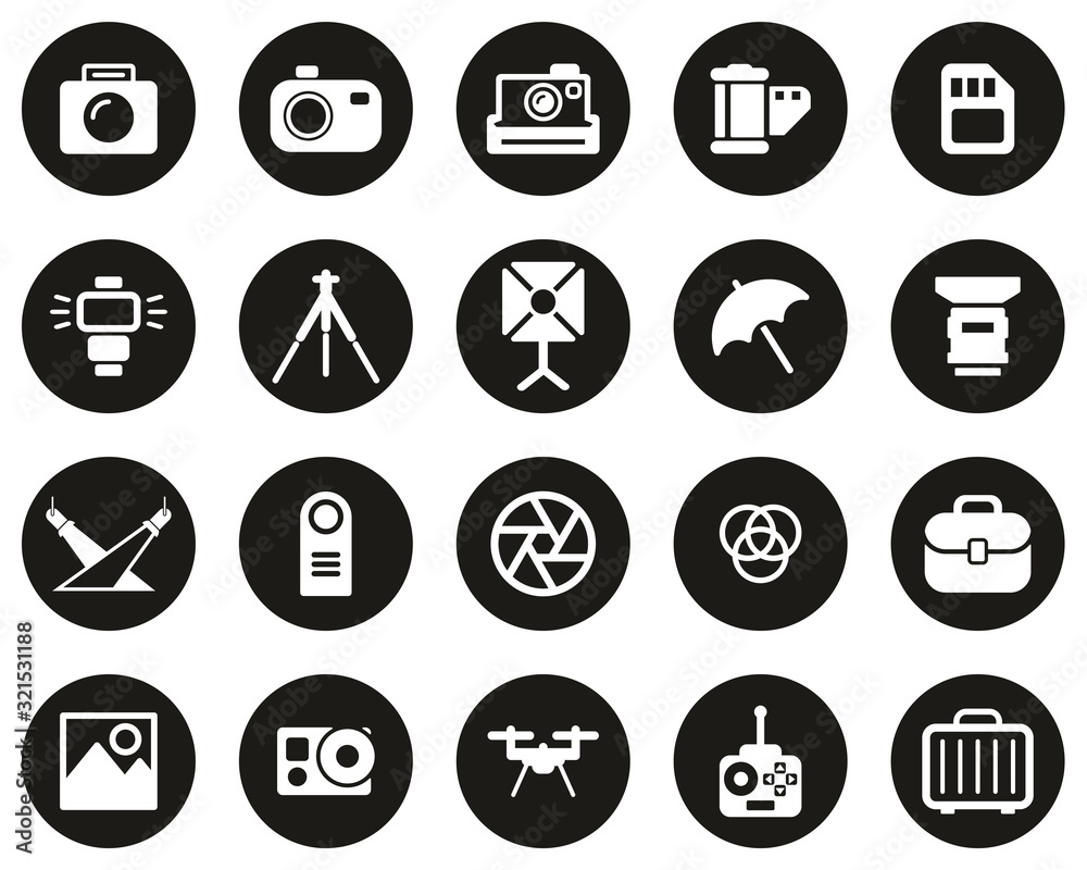 Photography Equipment Icons White On Black Flat Design Circle Set Big
