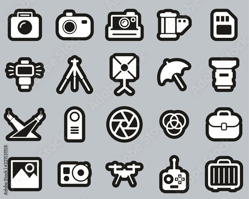 Photography Equipment Icons White On Black Sticker Set Big