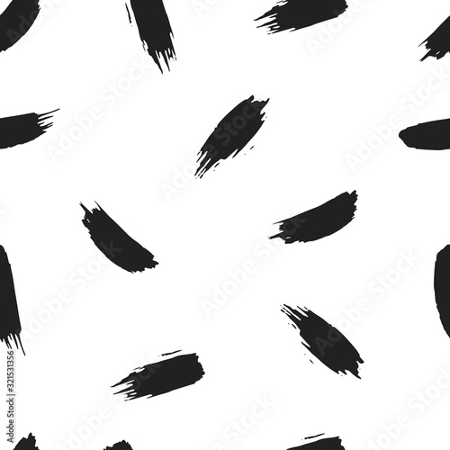 Vector brush strokes seamless pattern. Distressed smear texture. Black isolated paintbrush background. Chinese rough dirty wallpaper.