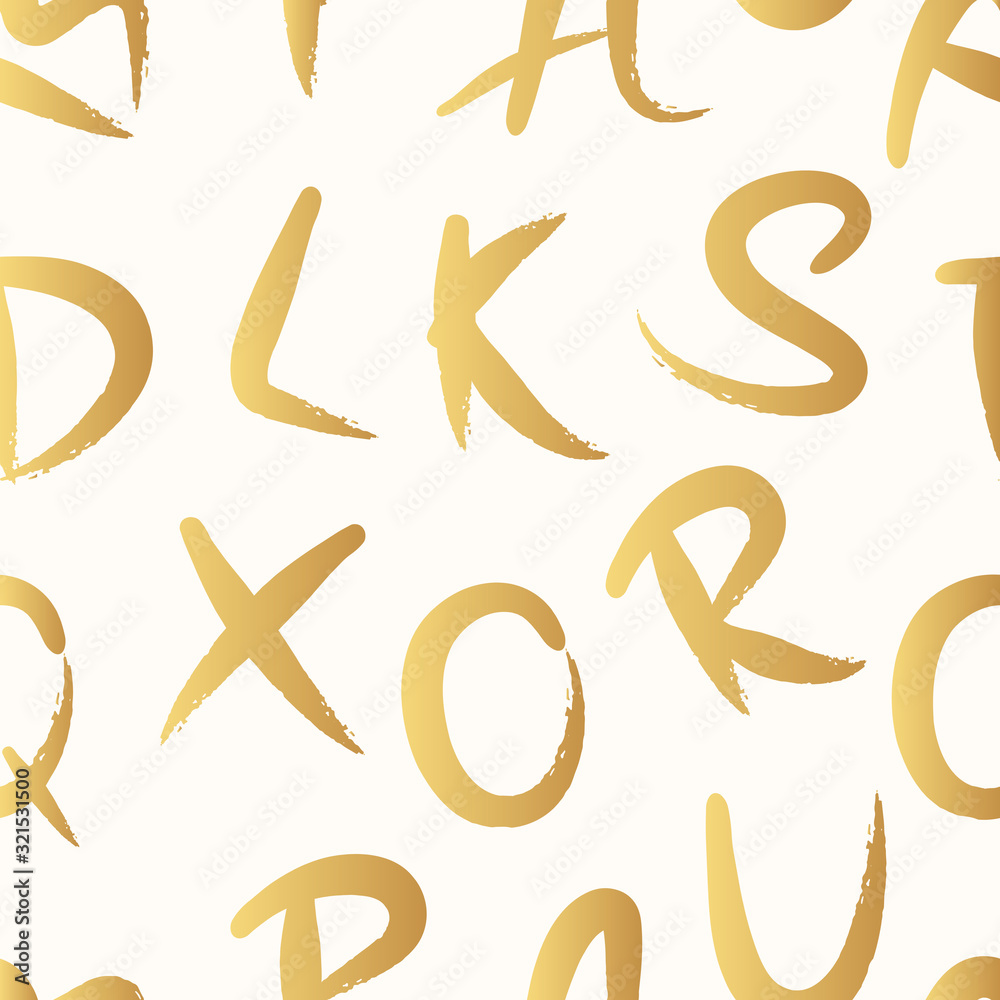 Fototapeta premium Golden brush stroke letters. Gold paint alphabet seamless pattern. Distressed japanese lettering texture. Vector isolated paintbrush text background.