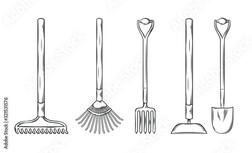 Vector illustration of gardening tools and utensils isolated on white. Set of the  tools such as pitch fork, fan rake, bow rake, hoe, spade, landscaping and hobby concept, sketch style, line art.