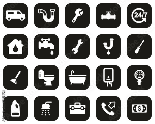 Plumbing Service & Equipment Icons White On Black Flat Design Set Big