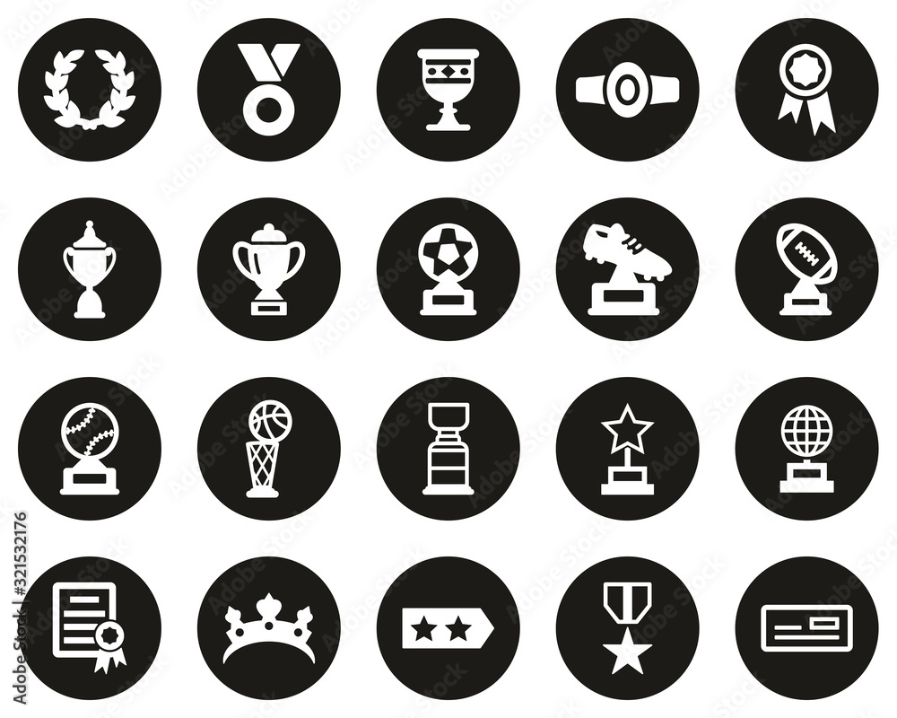 Prize Or Trophy Icons White On Black Flat Design Circle Set Big Prize Or Trophy Icons White On Black Flat Design Circle Set Big