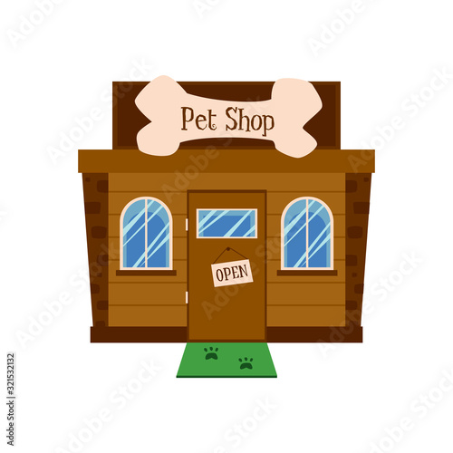 Pet shop building facade with open sign on door and green doormat