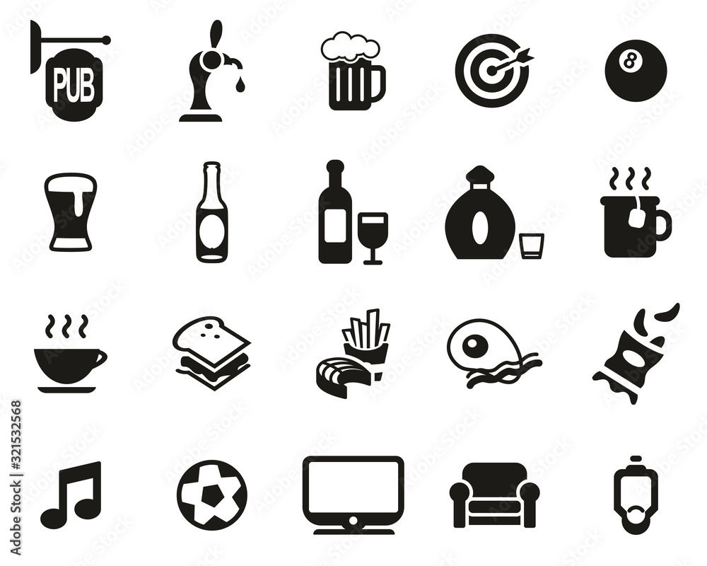 Pub Or Bar Icons Black & White Set Big Pub Or Bar Icons Black & White Set Big