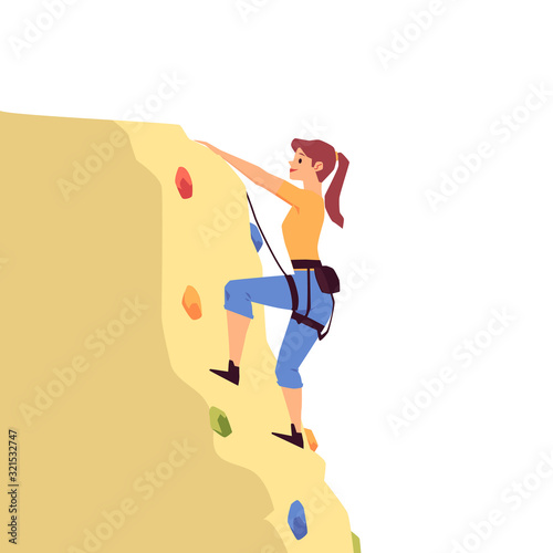 Cartoon woman rock climbing on yellow boulder with colorful holds