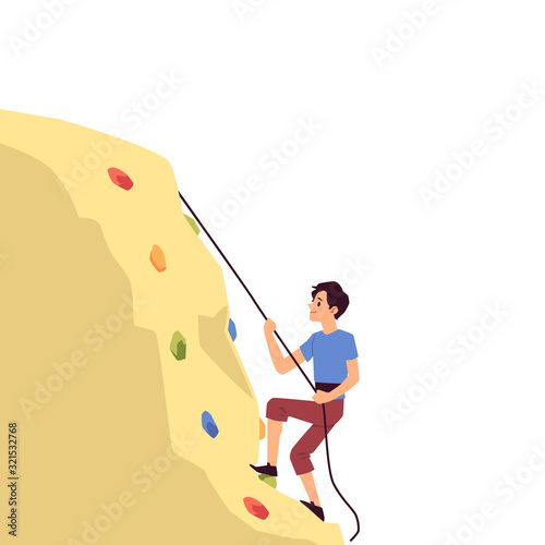Man character climbing on mountain flat cartoon vector illustration isolated.