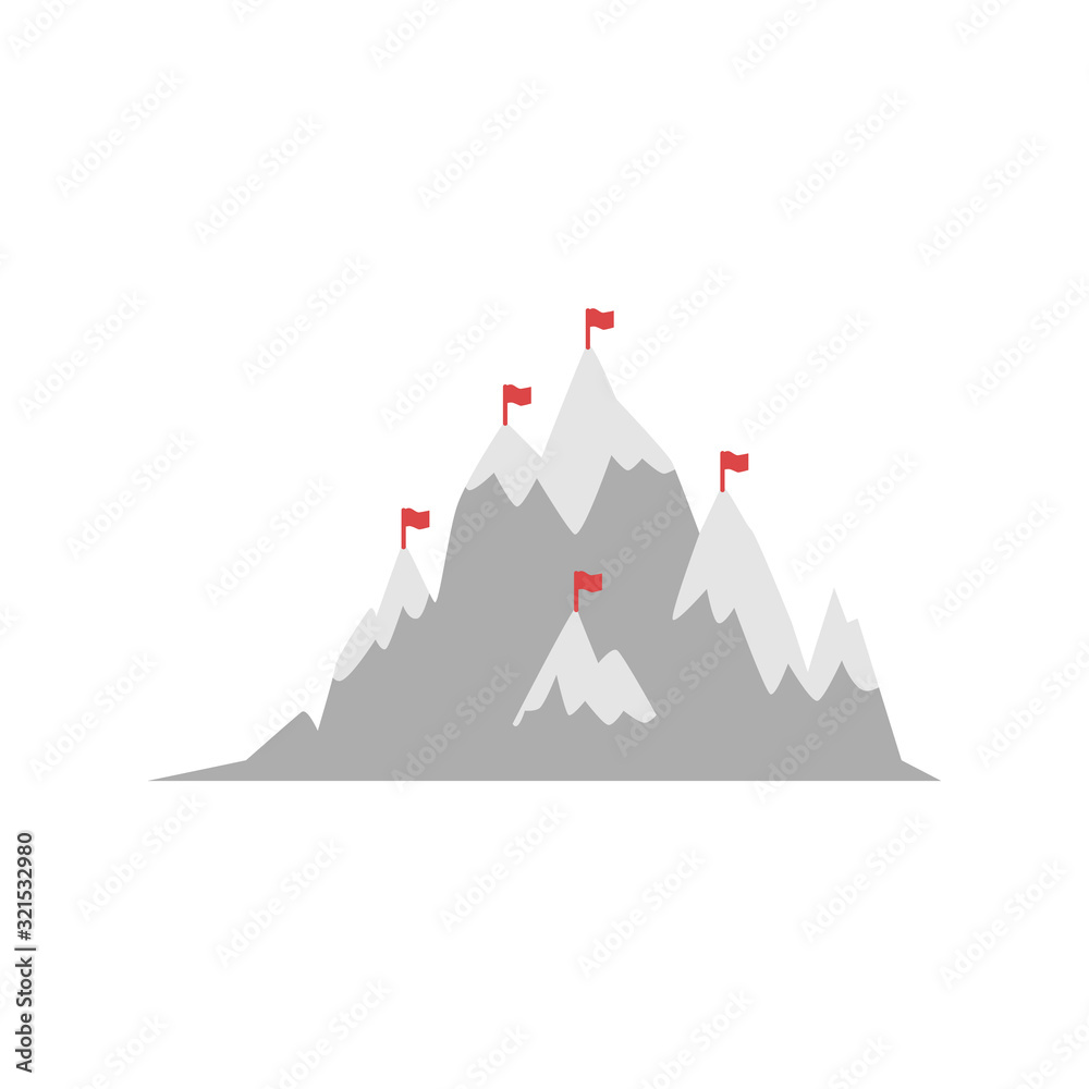 Mountain with marked by alpinist flags peaks, flat vector illustration isolated.