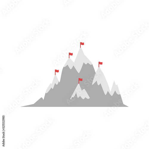 Mountain with marked by alpinist flags peaks, flat vector illustration isolated. © sabelskaya