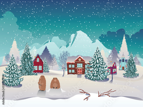 Winter village and groundhog