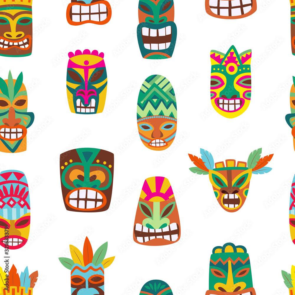 Seamless pattern with wooden tiki colorful masks, flat cartoon vector illustration.