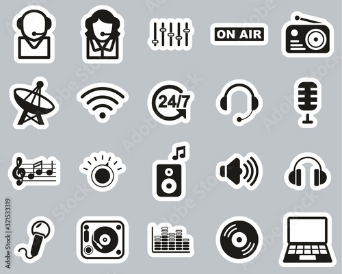 Radio Station & Radio Equipment Icons Black & White Sticker Set Big