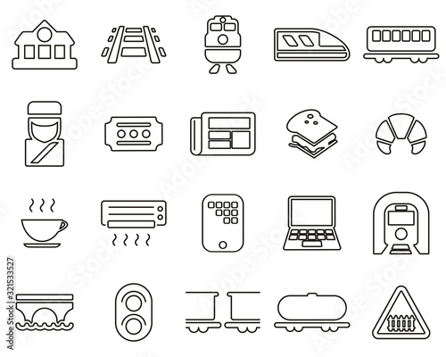 Railroad Travel & Cargo Transportation Icons Black & White Thin Line Set Big