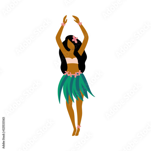 Hawaiian Hula girl dancer character in skirt flat vector illustration isolated.