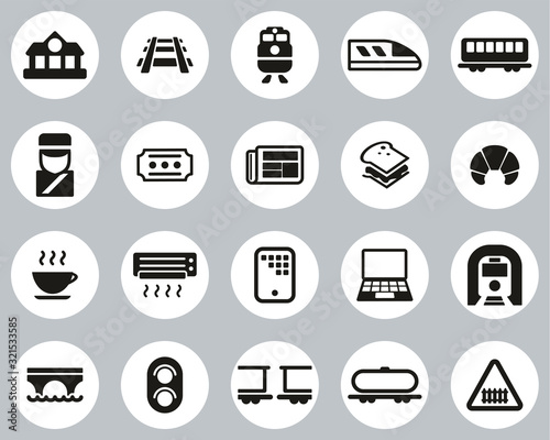 Railroad Travel & Cargo Transportation Icons Black & White Flat Design Circle Set Big