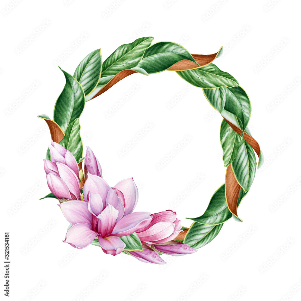 Fototapeta premium Magnolia pink flower wreath with feathers and leaves watercolor illustration. Tender spring blossom with a bud and green leaf round. Hand drawn invitation card element with full bloom magnolia flower.