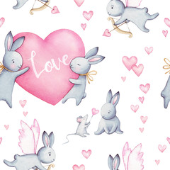 Crédence de cuisine Lapin patrons Watercolor seamless pattern. Wallpaper with fantasy bunneis cartoon animals on white background. Hand drawn vintage texture.  Image for cases design, nursery posters, postcards.  © BloomPix