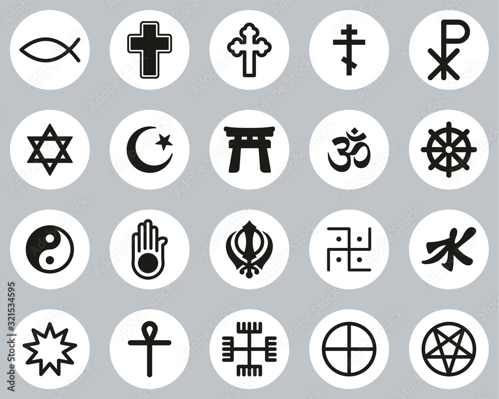Religion Symbols Icons Black & White Flat Design Circle Set Big