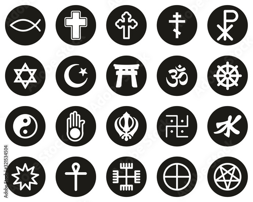 Religion Symbols Icons White On Black Flat Design Circle Set Big