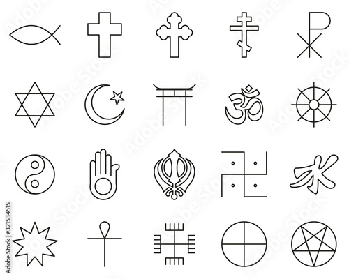 Religion Symbols Icons Black & White Thin Line Set Big photo