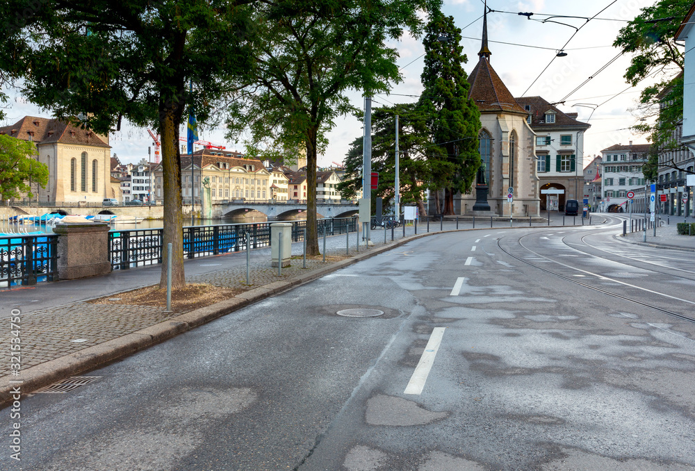 Zurich. View of the city embankment and the facades of old houses. Zurich. View of the city embankment and the facades of old houses.