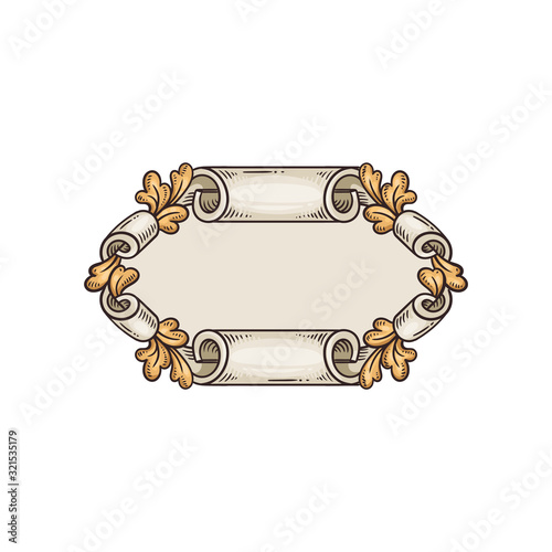 Vintage frame with scrolled edges and oak leaves vector illustration isolated.