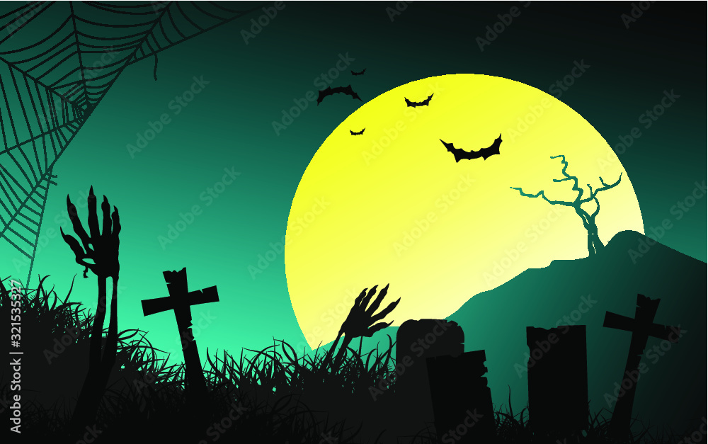 Halloween poster template with scary cemetery and zombie background with seamless pattern of a pumpkins
