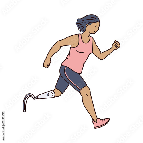 Handicapped female runner with prosthetic leg running forward