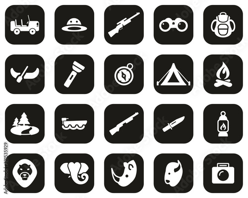 Safari Or Hunting Icons White On Black Flat Design Set Big