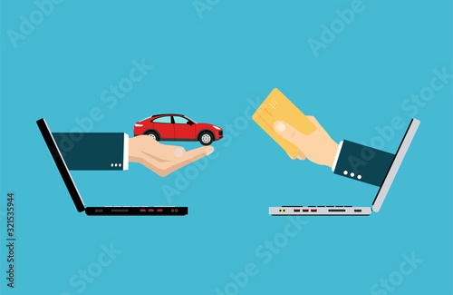 two hands coming out from laptops exchanging money for a car