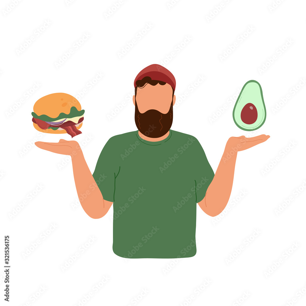 Young man choosing between burger and avocado Young man choosing between burger and avocado