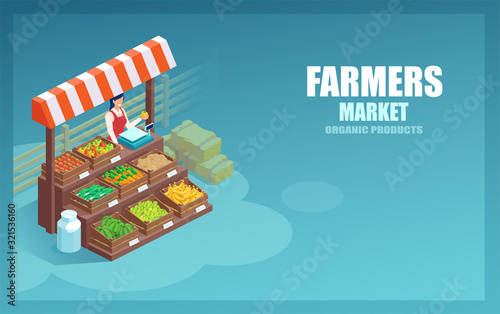 Vector of a market farmer selling local vegetables and produce