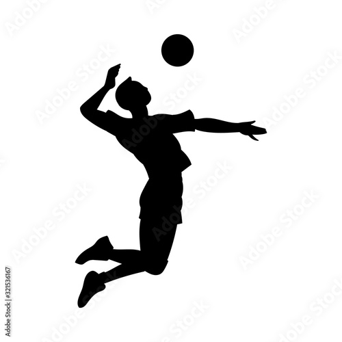 Volleyball player hitting ball in jump silhouette, vector illustration isolated.