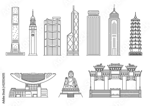 Hong Kong famous landmarks in black line sketch, vector illustration isolated.