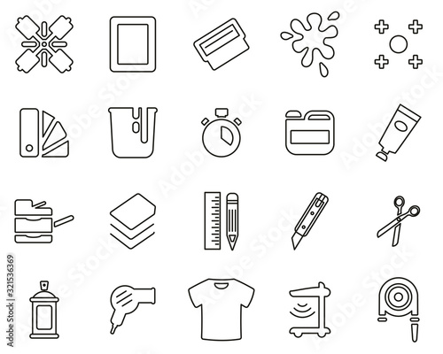 Screen Printing Icons Black & White Thin Line Set Big