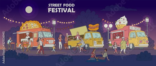 Street food festival night scene with trucks and people vector illustration.