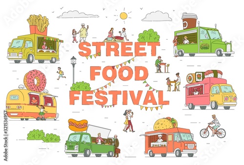 Street food festival trucks set vector sketch cartoon illustration isolated.